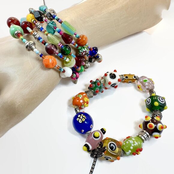 Glass Bracelet, Beaded, Lamp Work, Bohemian, Rainbow Shades, Art Glass, Boho - Picture 2 of 5